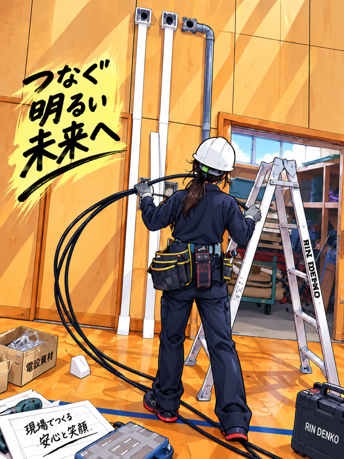 学校施設での配線作業